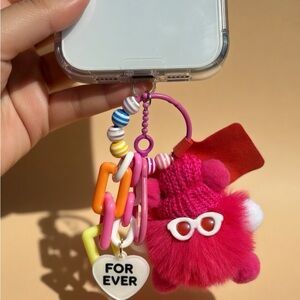 Fuzzy Pom Pom Phone Charm with Heart 'FOR EVER' Tag different colors BOGO